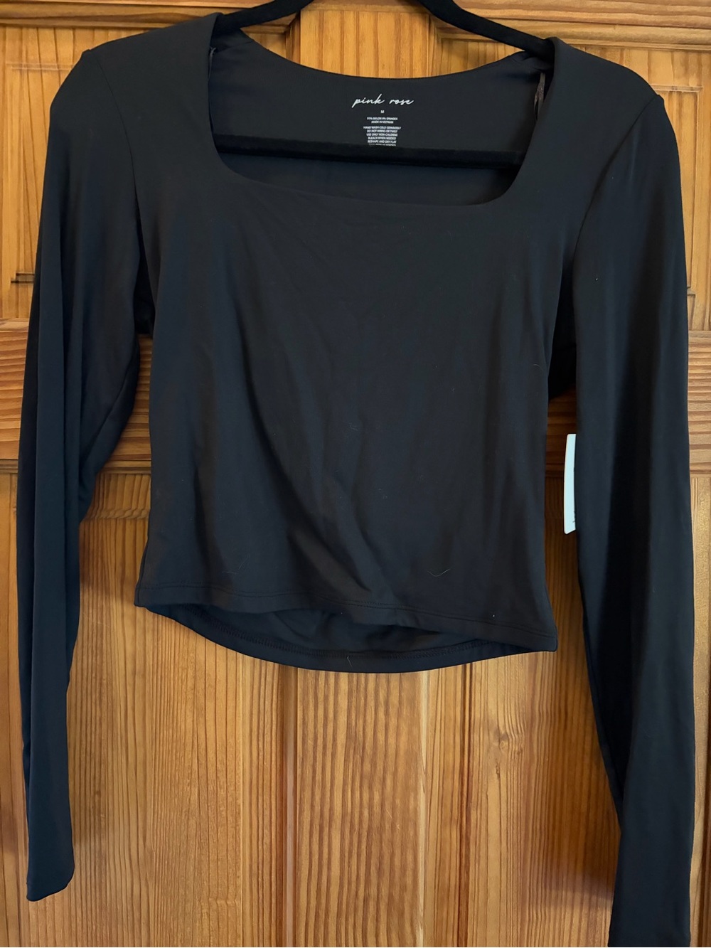 Pink Rose Black Long-Sleeve Square Neck Crop Top